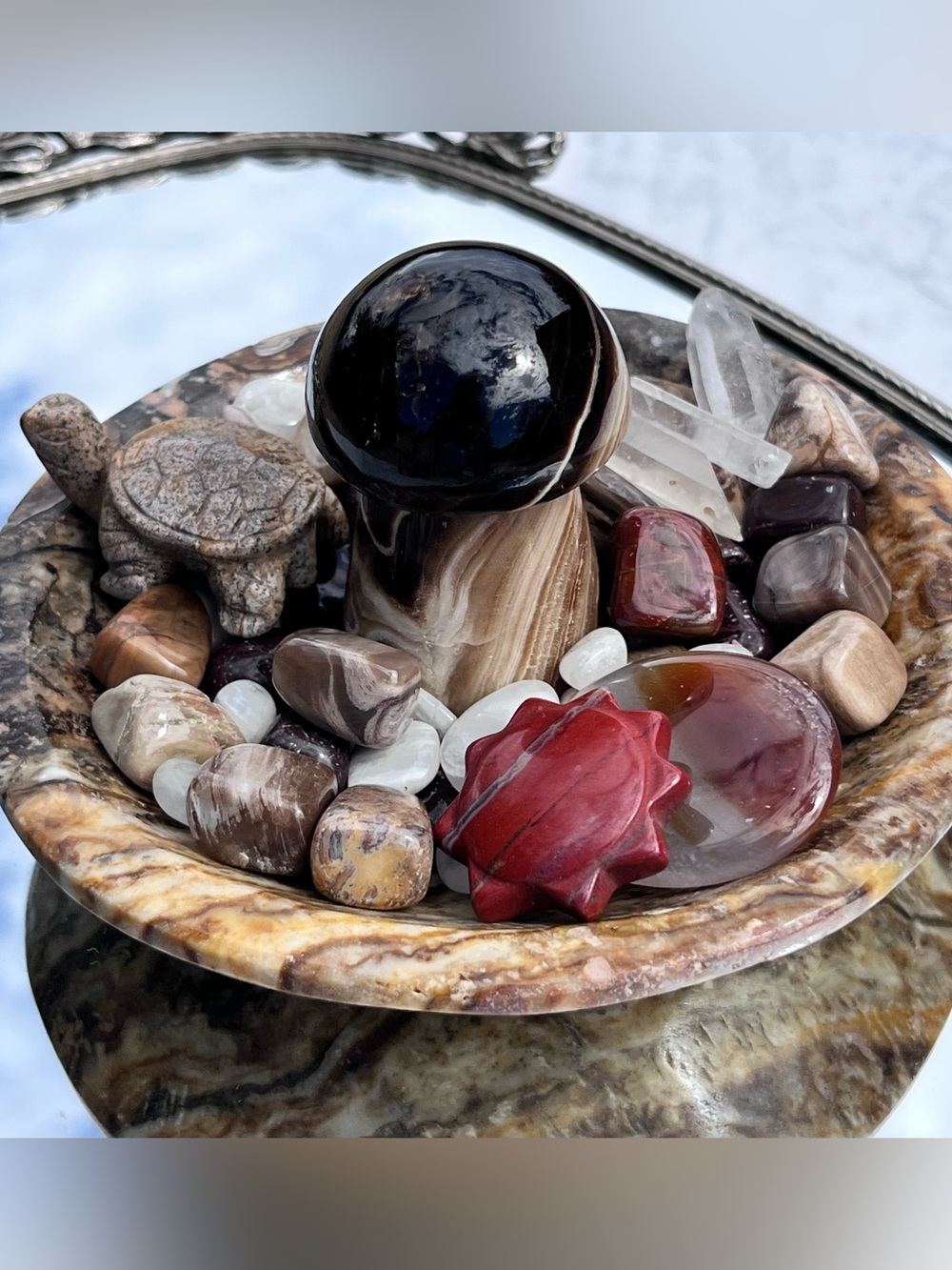 Brown Calcite Dish, Rootbeer Calcite Mushroom, Picture Jasper Turtle, Red Jasper